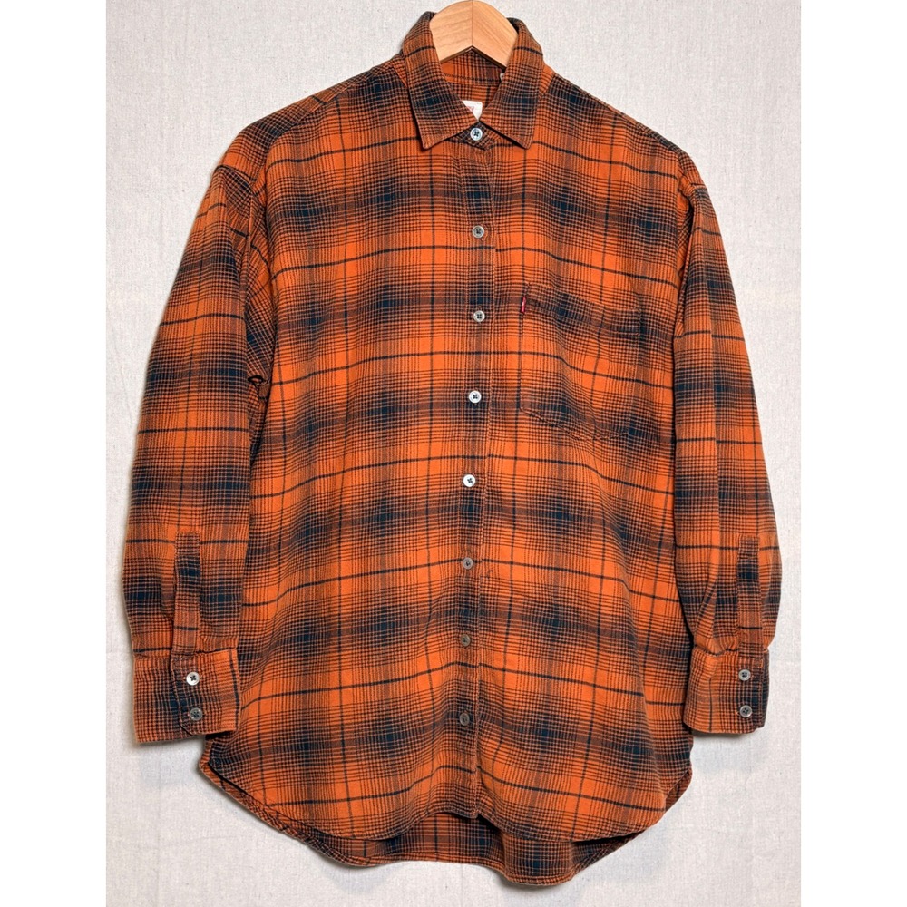 Levis Mens XS Orange Black Plaid Flannel Button Down Shirt A1777-0000‎